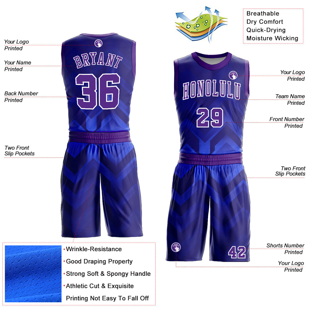 Custom Royal Purple-White Round Neck Sublimation Basketball Suit Jersey - Sky-Custom