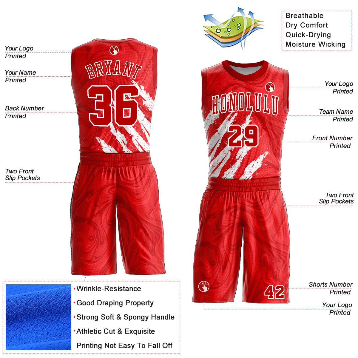 Custom Red White Round Neck Sublimation Basketball Suit Jersey - Sky-Custom