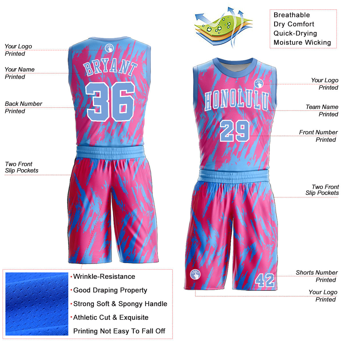 Custom Pink Light Blue-White Round Neck Sublimation Basketball Suit Jersey - Sky-Custom
