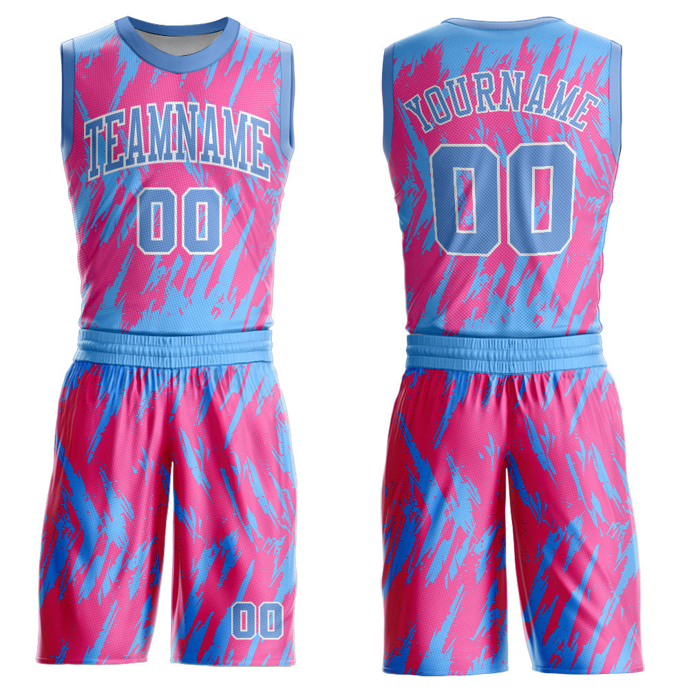 Custom Pink Light Blue-White Round Neck Sublimation Basketball Suit Jersey - Sky-Custom