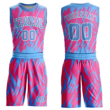 Custom Pink Light Blue-White Round Neck Sublimation Basketball Suit Jersey - Sky-Custom