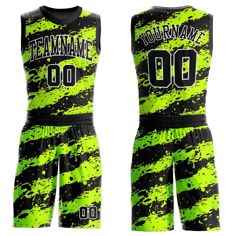 Custom Neon Green Black-White Round Neck Sublimation Basketball Suit Jersey - Sky-Custom