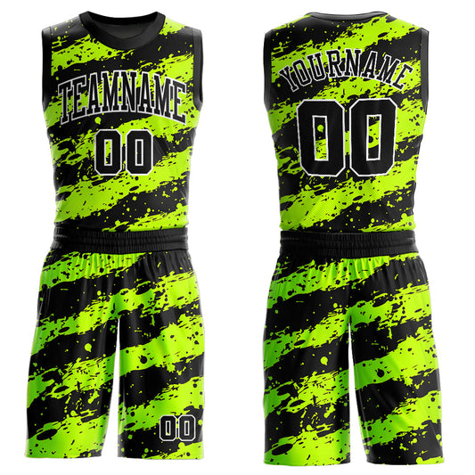 Custom Neon Green Black-White Round Neck Sublimation Basketball Suit Jersey - Sky-Custom