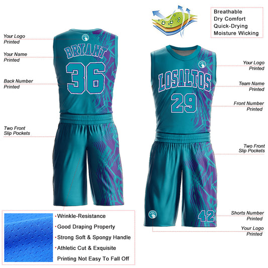 Custom Teal Purple-White Round Neck Sublimation Basketball Suit Jersey - Sky-Custom