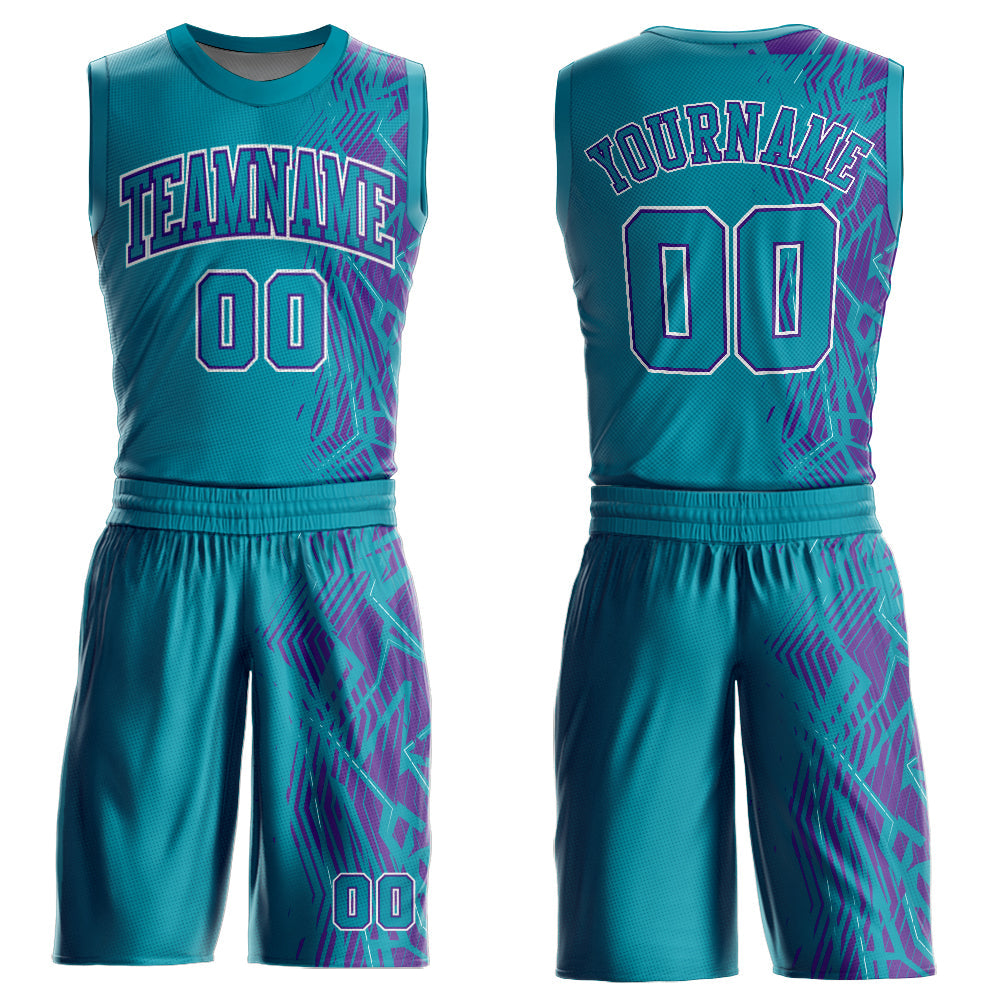 Custom Teal Purple-White Round Neck Sublimation Basketball Suit Jersey - Sky-Custom