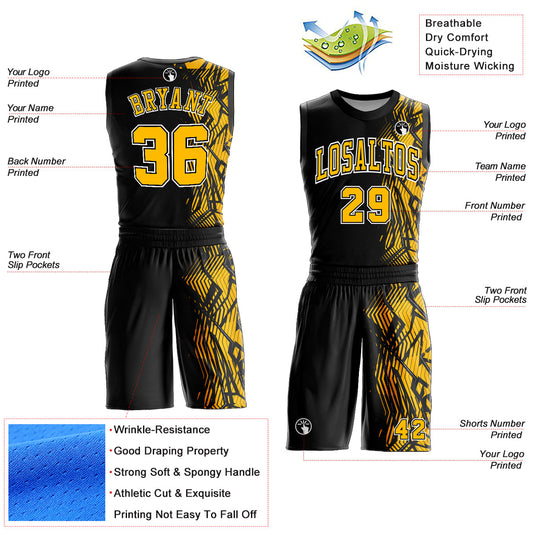 Custom Black Gold-White Round Neck Sublimation Basketball Suit Jersey - Sky-Custom