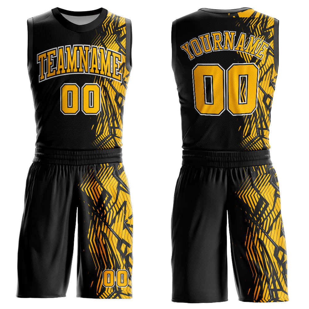 Custom Black Gold-White Round Neck Sublimation Basketball Suit Jersey - Sky-Custom
