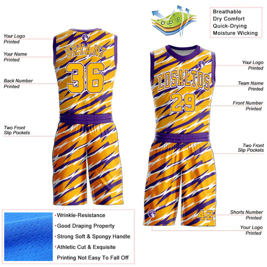 Custom Gold Purple-White Round Neck Sublimation Basketball Suit Jersey - Sky-Custom