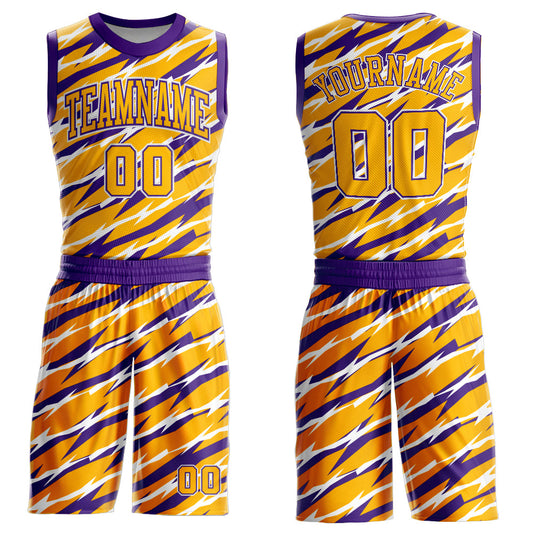 Custom Gold Purple-White Round Neck Sublimation Basketball Suit Jersey - Sky-Custom