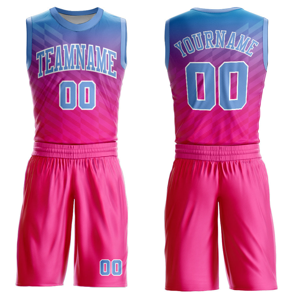 Custom Pink Light Blue-White Round Neck Sublimation Basketball Suit Jersey - Sky-Custom