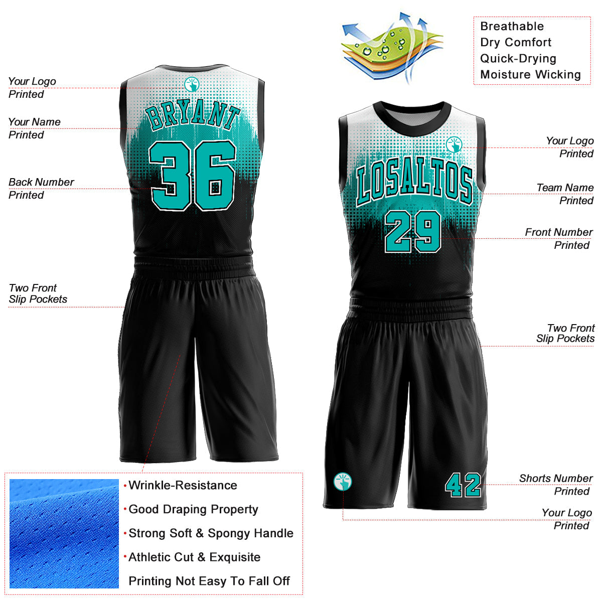 Custom Black Aqua-White Round Neck Sublimation Basketball Suit Jersey - Sky-Custom