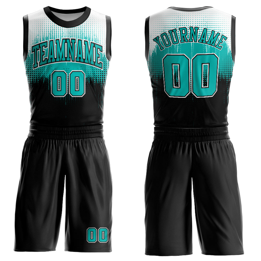 Custom Black Aqua-White Round Neck Sublimation Basketball Suit Jersey - Sky-Custom