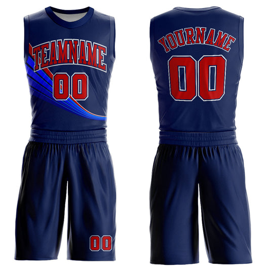 Custom Navy Red-White Round Neck Sublimation Basketball Suit Jersey - Sky-Custom
