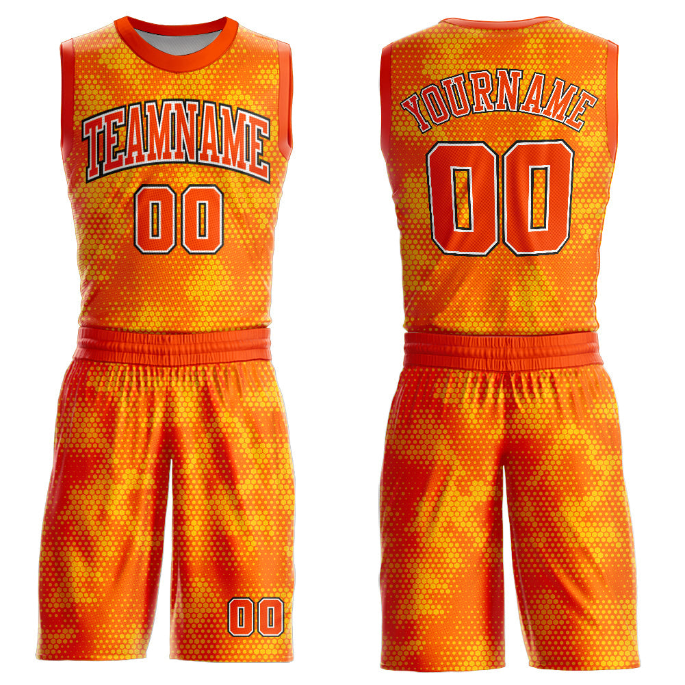 Custom Gold Orange Black-White Round Neck Sublimation Basketball Suit Jersey - Sky-Custom