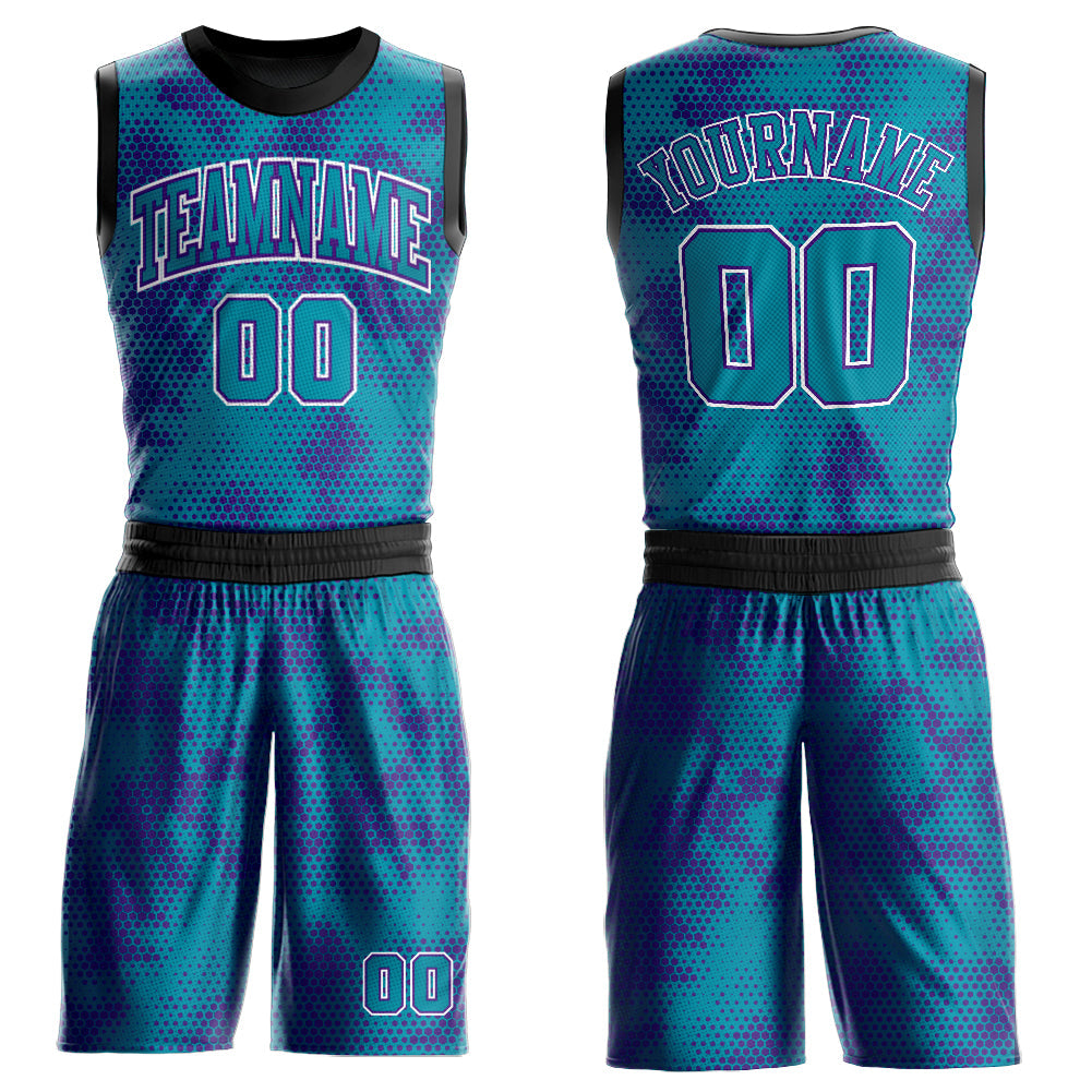 Custom Teal Purple-White Round Neck Sublimation Basketball Suit Jersey - Sky-Custom