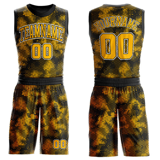 Custom Black Gold-White Round Neck Sublimation Basketball Suit Jersey - Sky-Custom