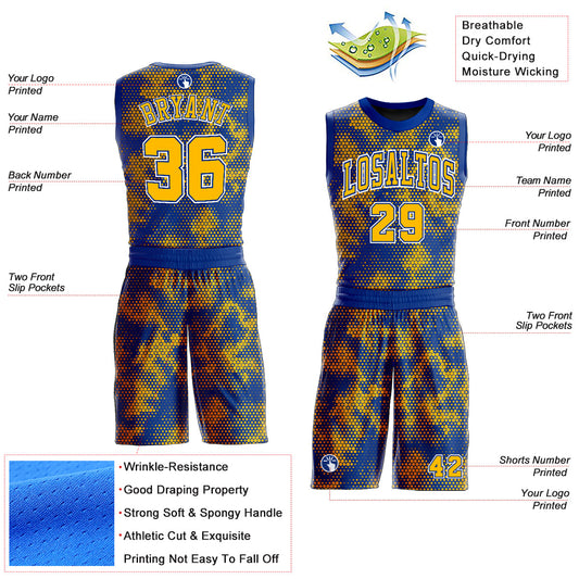 Custom Royal Gold-White Round Neck Sublimation Basketball Suit Jersey - Sky-Custom