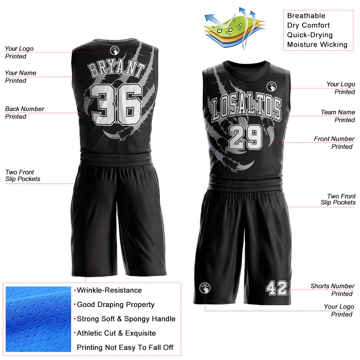 Custom Black White Animals Claws Round Neck Sublimation Basketball Suit Jersey - Sky-Custom
