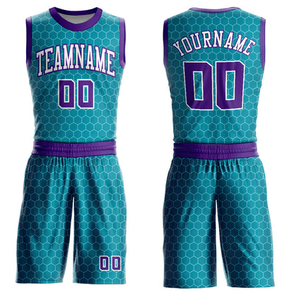 Custom Teal Purple-White Round Neck Sublimation Basketball Suit Jersey - Sky-Custom