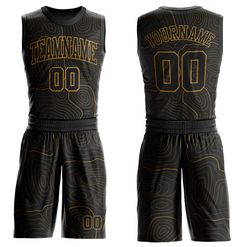 Custom Black Old Gold Round Neck Sublimation Basketball Suit Jersey - Sky-Custom
