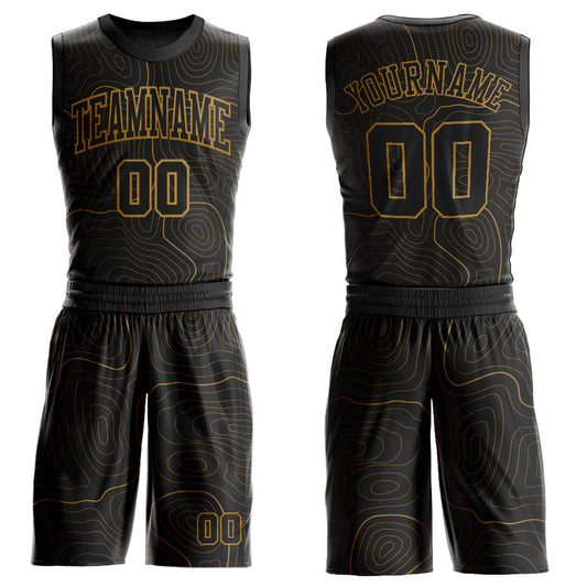 Custom Black Old Gold Round Neck Sublimation Basketball Suit Jersey - Sky-Custom