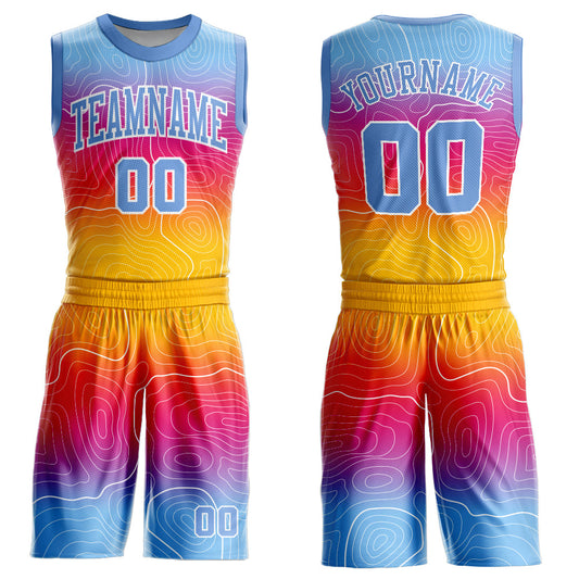 Custom Gold Light Blue-White Round Neck Sublimation Basketball Suit Jersey - Sky-Custom