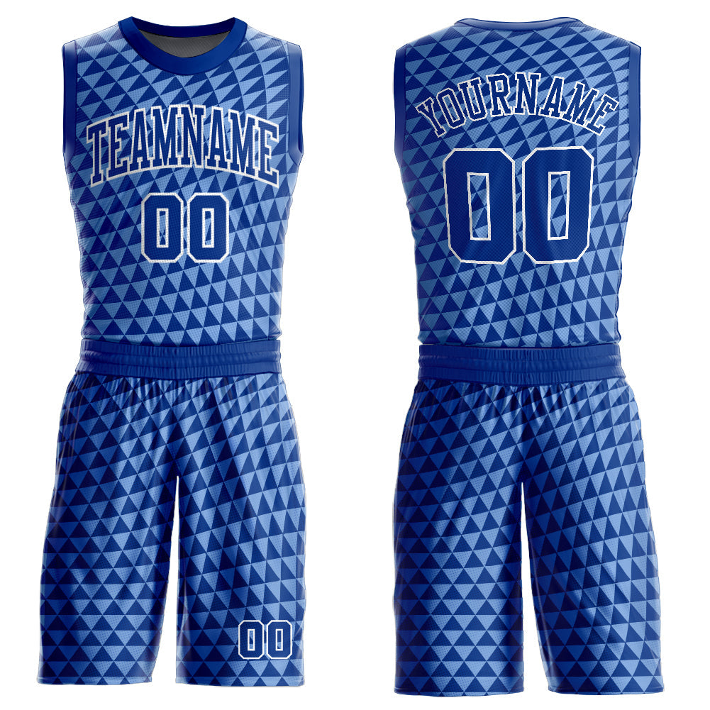 Custom Light Blue Royal-White Triangle Shapes Round Neck Sublimation Basketball Suit Jersey - Sky-Custom