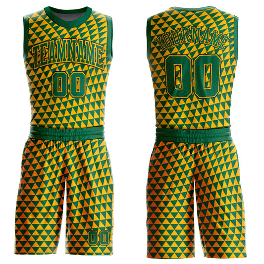 Custom Gold Kelly Green-Black Triangle Shapes Round Neck Sublimation Basketball Suit Jersey - Sky-Custom