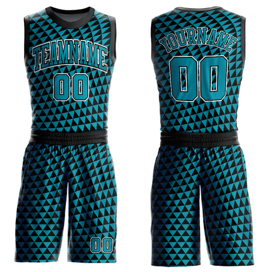 Custom Teal Black-White Triangle Shapes Round Neck Sublimation Basketball Suit Jersey - Sky-Custom
