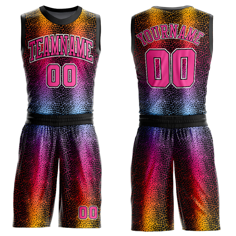 Custom Black Pink-Gold Animal Fur Print Round Neck Sublimation Basketball Suit Jersey - Sky-Custom