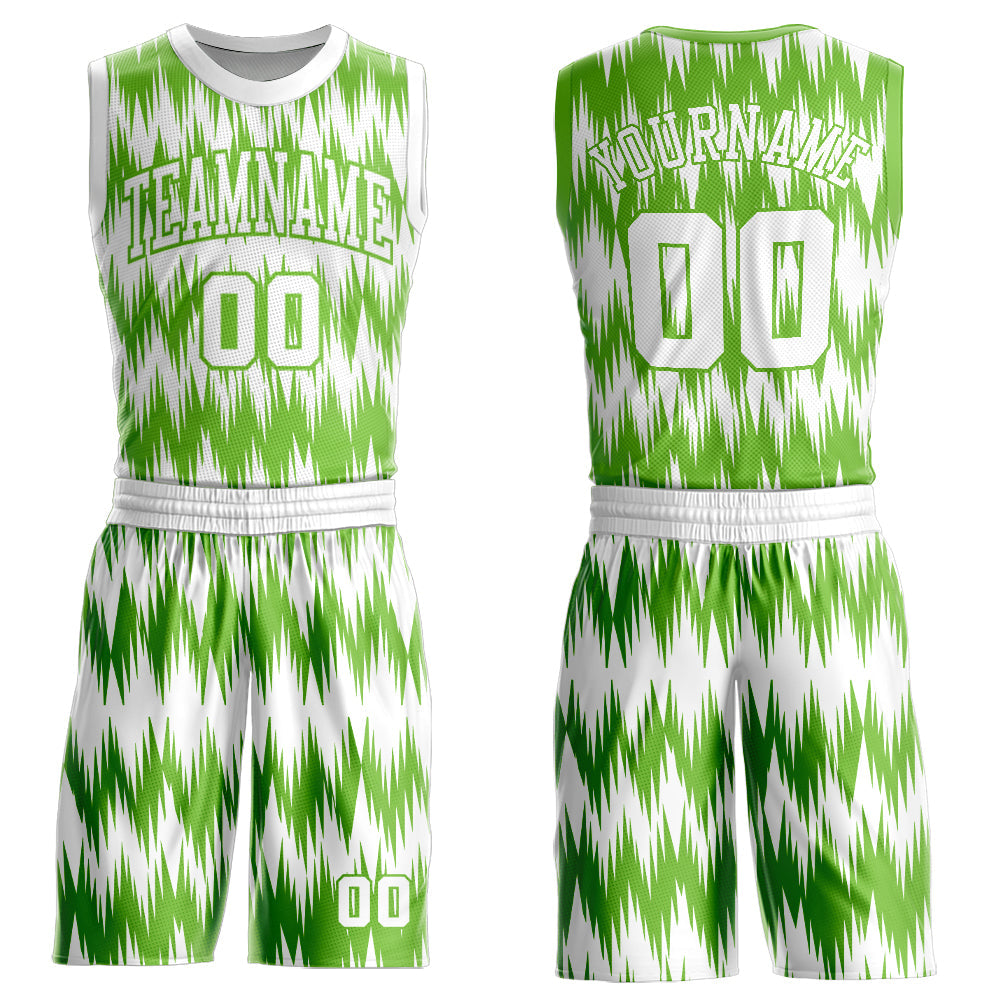 Custom White Neon Green Round Neck Sublimation Basketball Suit Jersey - Sky-Custom