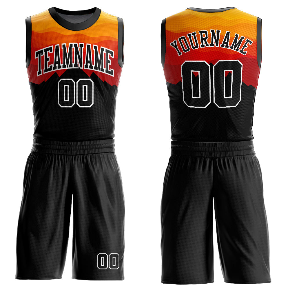 Custom Black Gold-Red Round Neck Sublimation Basketball Suit Jersey - Sky-Custom