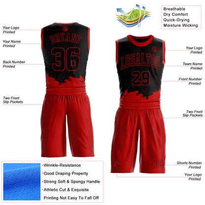 Custom Black Red Color Splash Round Neck Sublimation Basketball Suit Jersey - Sky-Custom