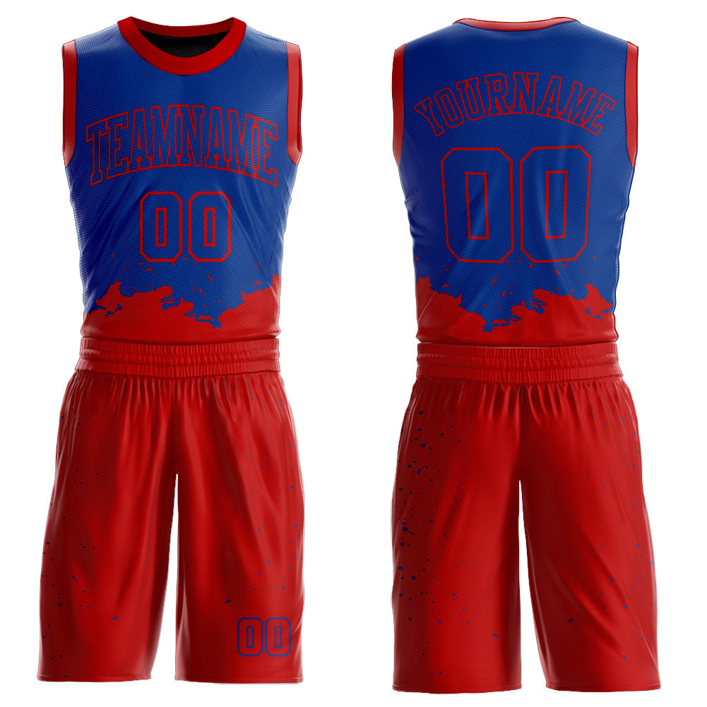 Custom Royal Red Color Splash Round Neck Sublimation Basketball Suit Jersey - Sky-Custom