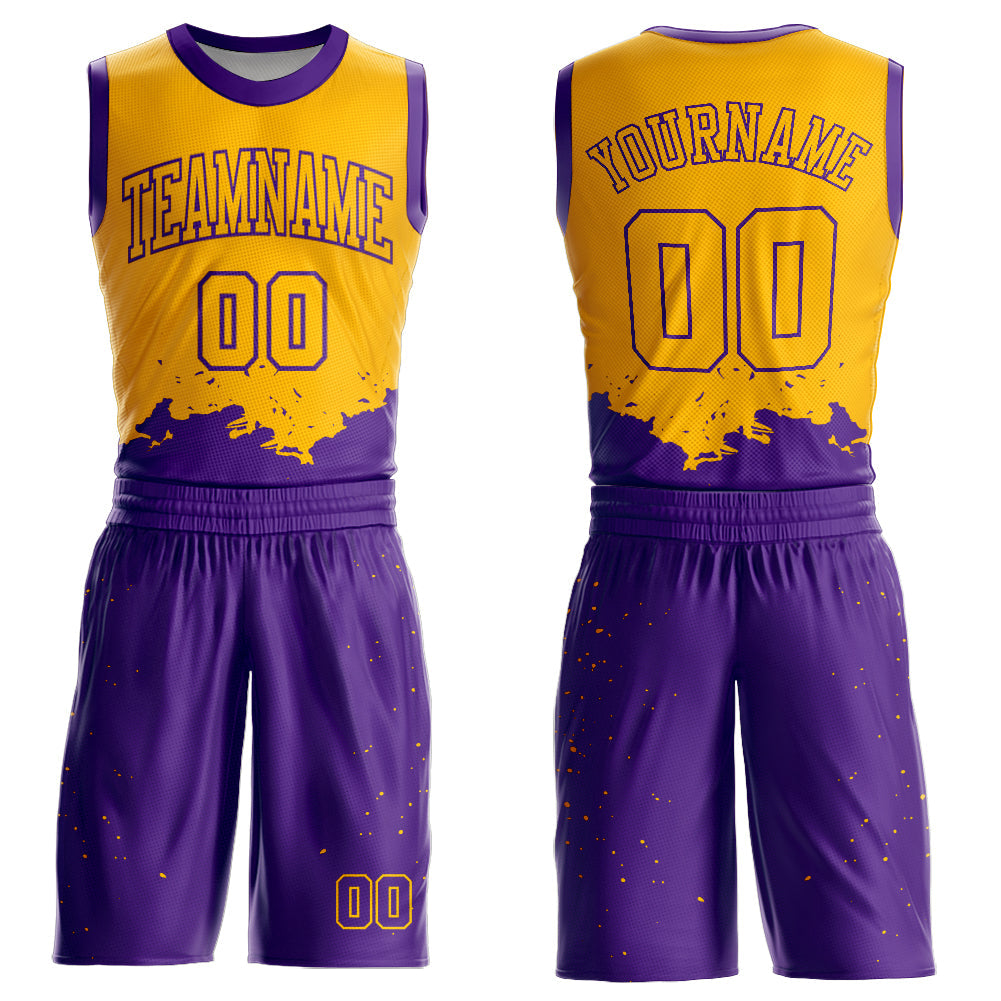 Custom Gold Purple Color Splash Round Neck Sublimation Basketball Suit Jersey - Sky-Custom