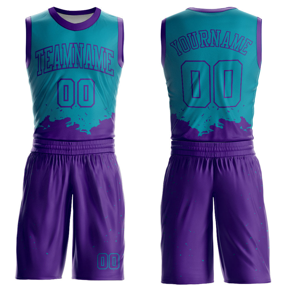 Custom Teal Purple Color Splash Round Neck Sublimation Basketball Suit Jersey - Sky-Custom