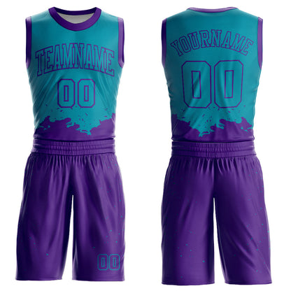 Custom Teal Purple Color Splash Round Neck Sublimation Basketball Suit Jersey - Sky-Custom