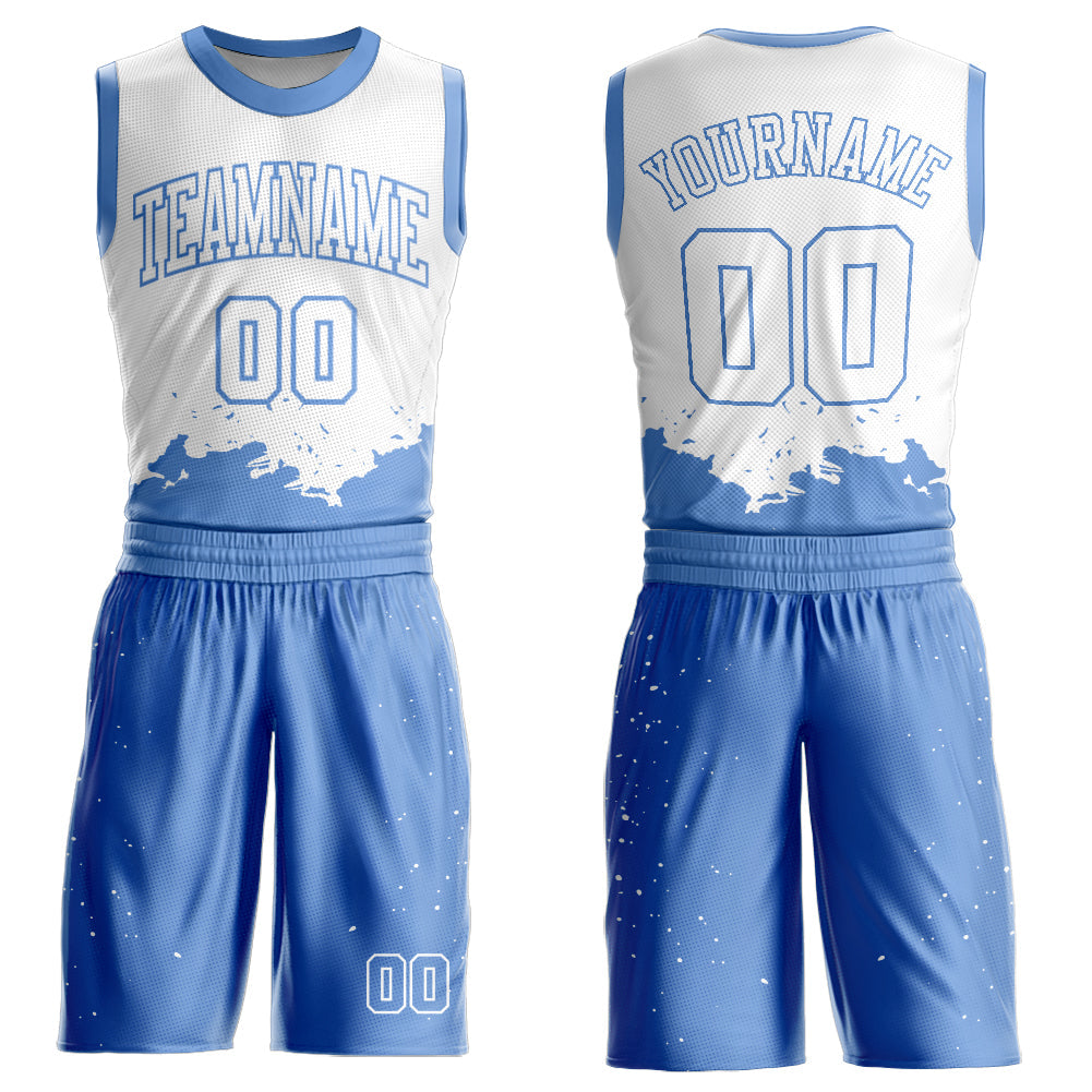 Custom White Light Blue Color Splash Round Neck Sublimation Basketball Suit Jersey - Sky-Custom
