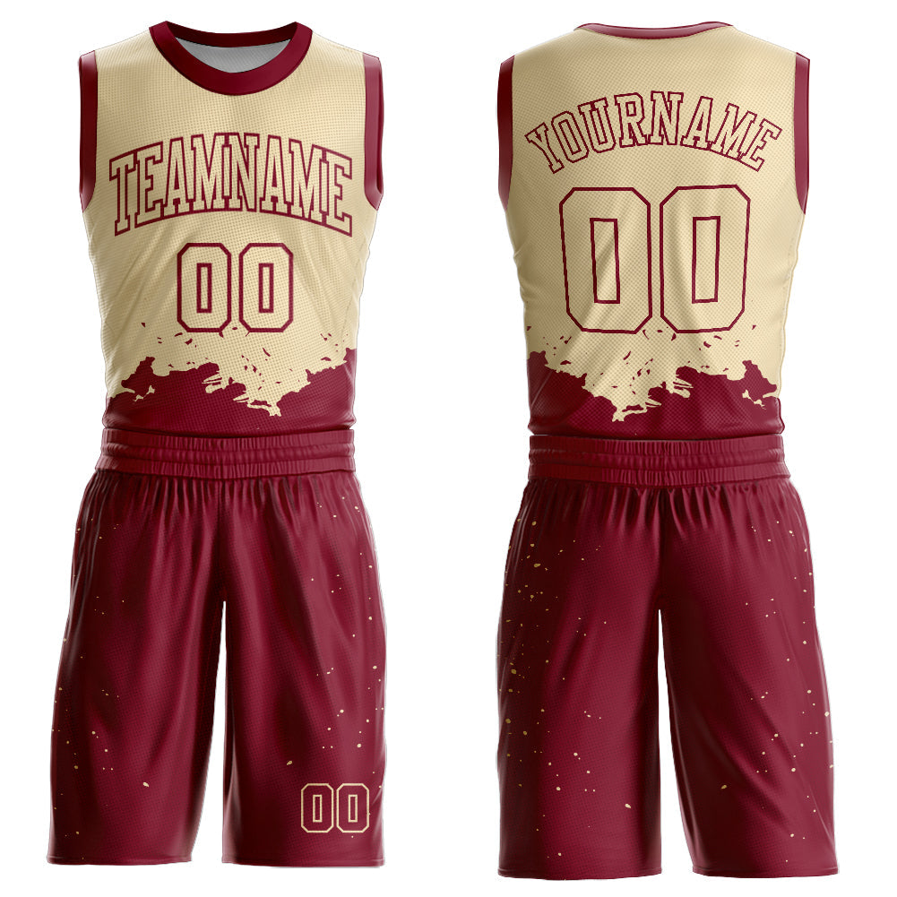 Custom Cream Maroon Color Splash Round Neck Sublimation Basketball Suit Jersey - Sky-Custom