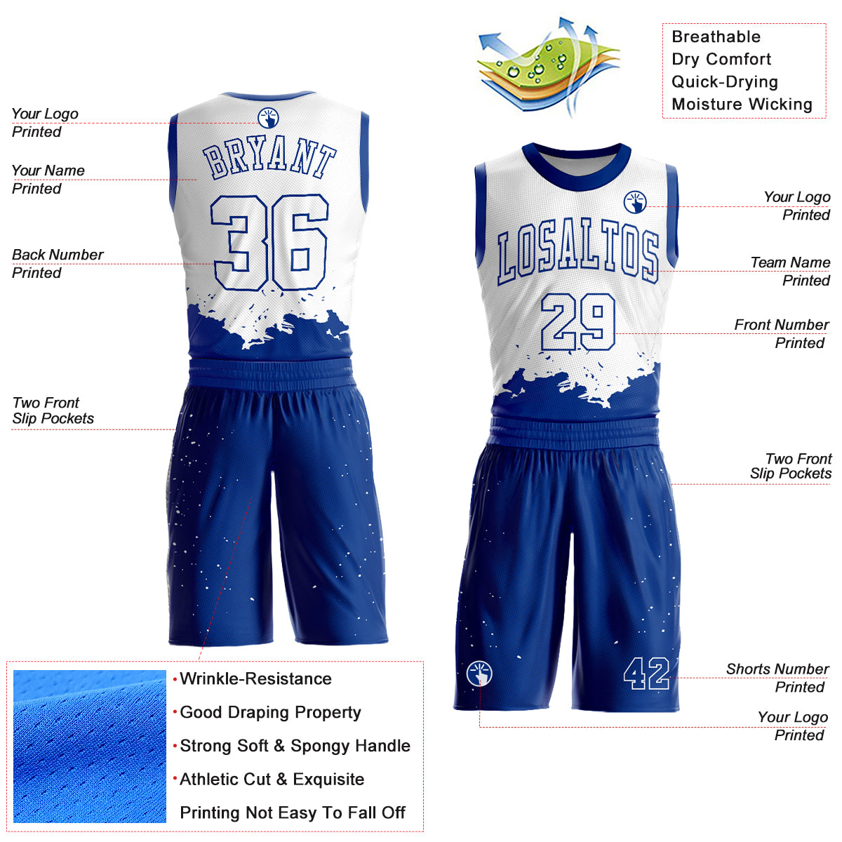 Custom White Royal Color Splash Round Neck Sublimation Basketball Suit Jersey - Sky-Custom