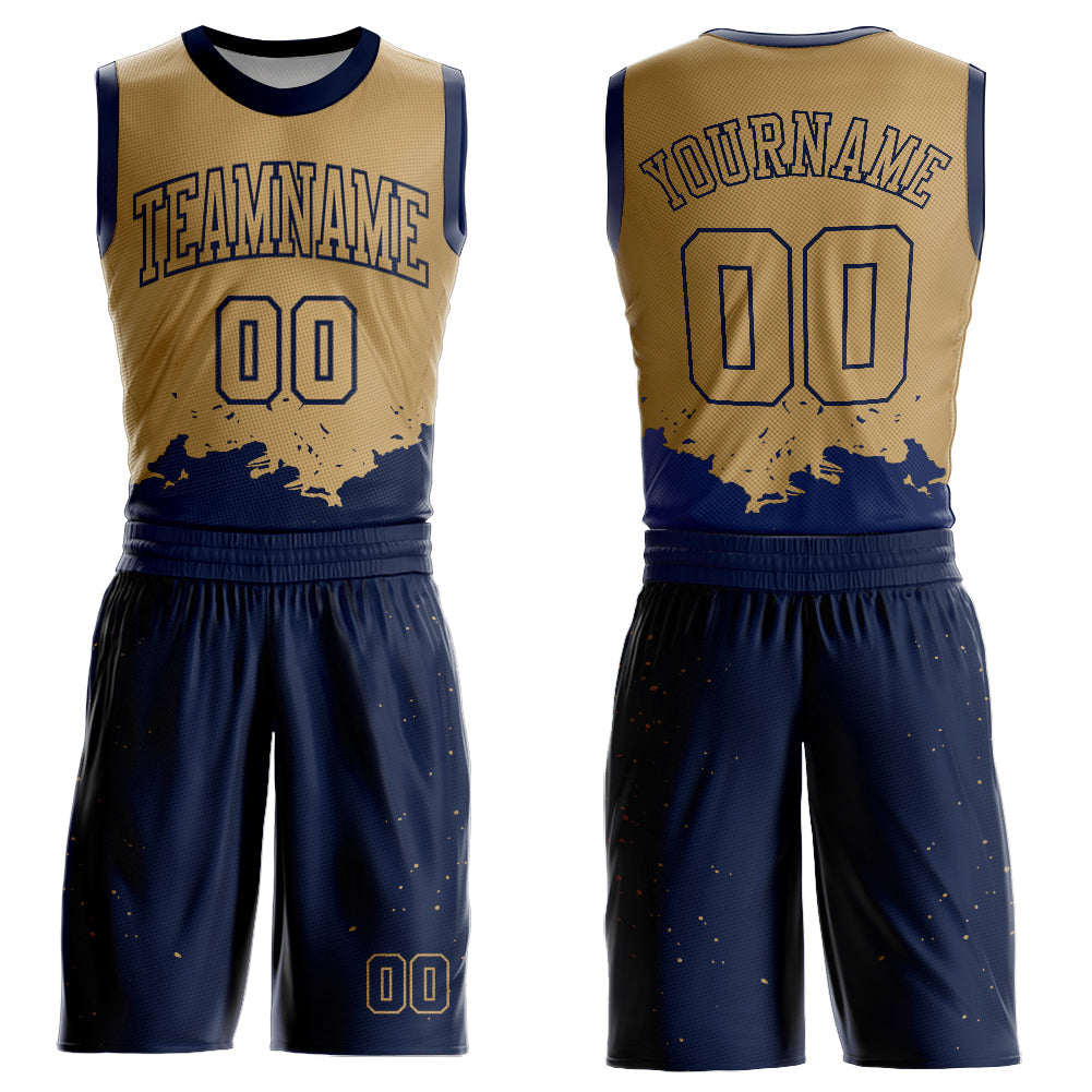 Custom Old Gold Navy Color Splash Round Neck Sublimation Basketball Suit Jersey - Sky-Custom