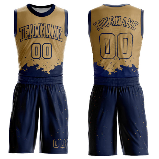 Custom Old Gold Navy Color Splash Round Neck Sublimation Basketball Suit Jersey - Sky-Custom