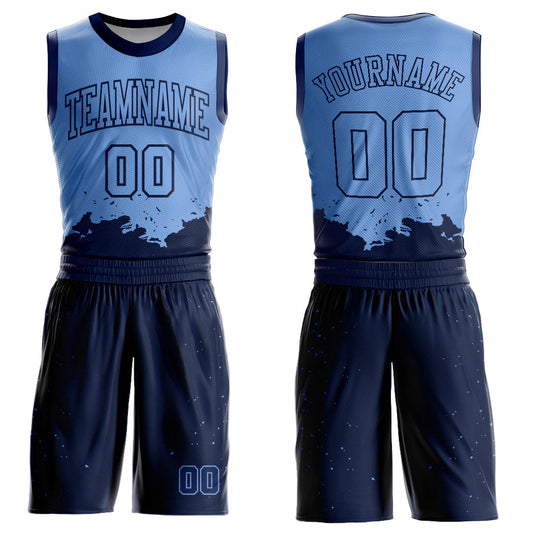 Custom Light Blue Navy Color Splash Round Neck Sublimation Basketball Suit Jersey - Sky-Custom