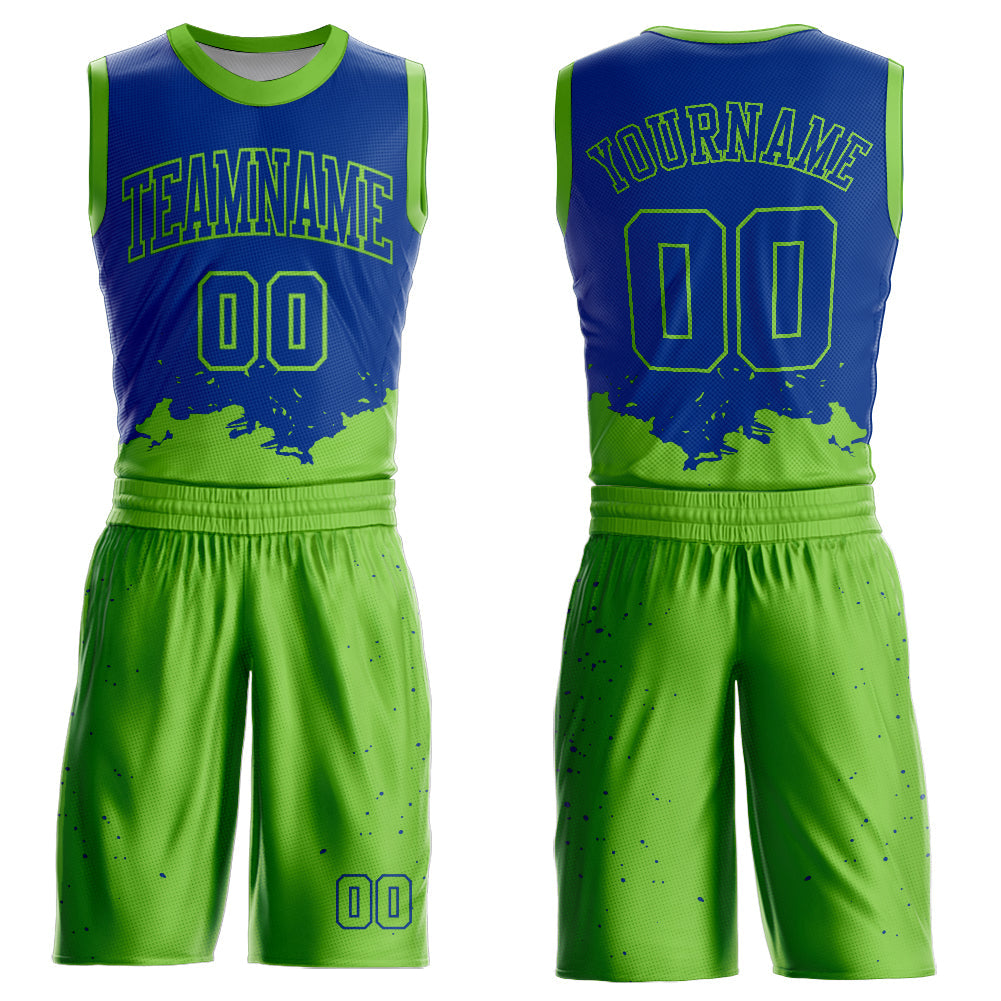 Custom Royal Neon Green Color Splash Round Neck Sublimation Basketball Suit Jersey - Sky-Custom