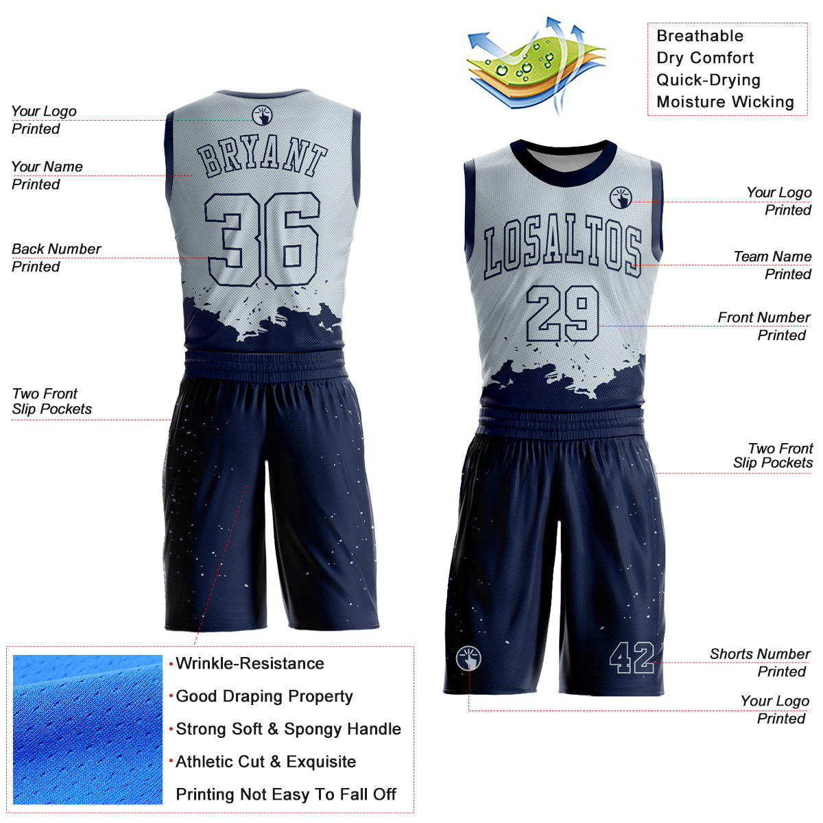 Custom Silver Navy Color Splash Round Neck Sublimation Basketball Suit Jersey - Sky-Custom