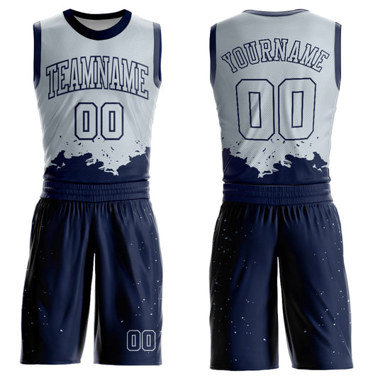 Custom Silver Navy Color Splash Round Neck Sublimation Basketball Suit Jersey - Sky-Custom