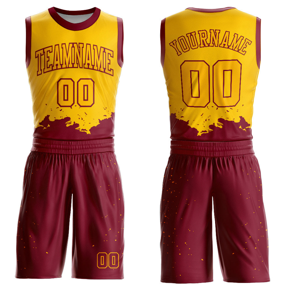 Custom Yellow Maroon Color Splash Round Neck Sublimation Basketball Suit Jersey - Sky-Custom