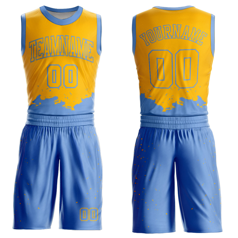 Custom Yellow Light Blue Color Splash Round Neck Sublimation Basketball Suit Jersey - Sky-Custom