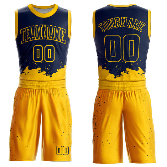 Custom Navy Yellow Color Splash Round Neck Sublimation Basketball Suit Jersey - Sky-Custom