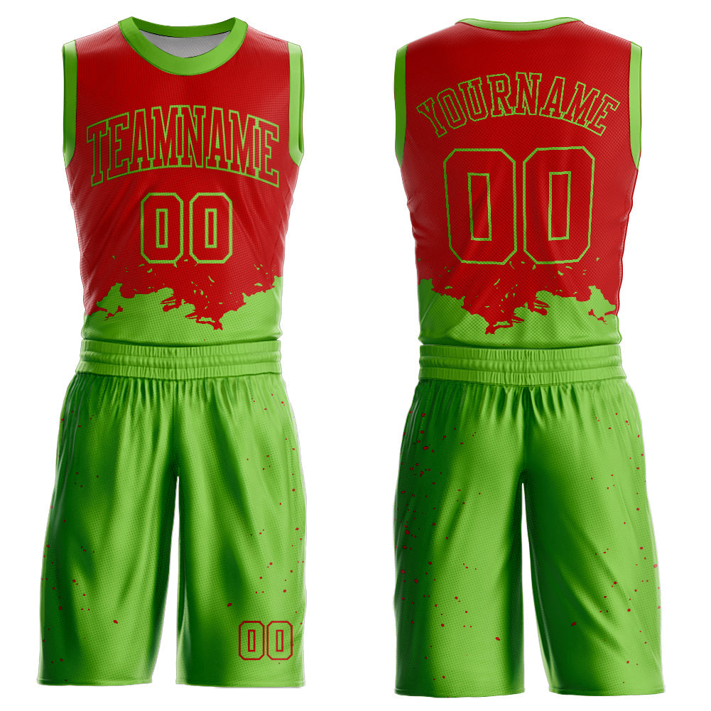 Custom Red Neon Green Color Splash Round Neck Sublimation Basketball Suit Jersey - Sky-Custom